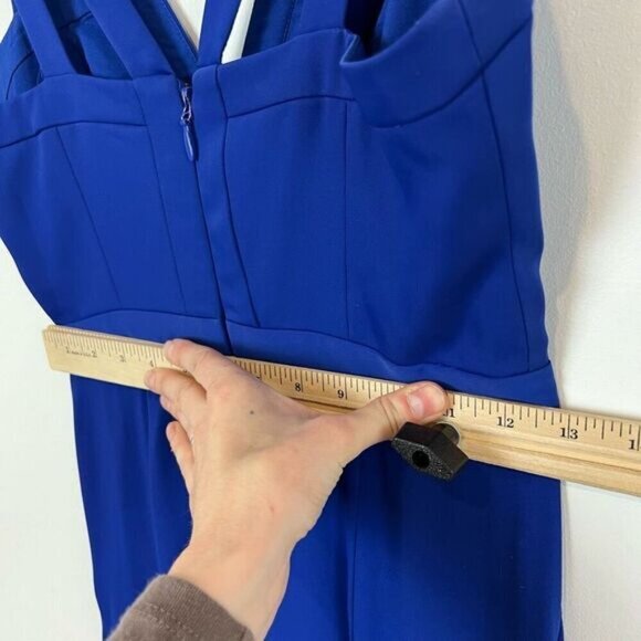 BCBG Maxazria Size 0 Blue Cutout Formal Wear Maxi Dress Gown Ruffled Swifty - Picture 14 of 15